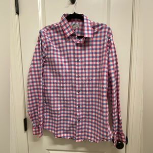 Men’s Express Light Red, Blue and White Plaid LS Shirt - Large
